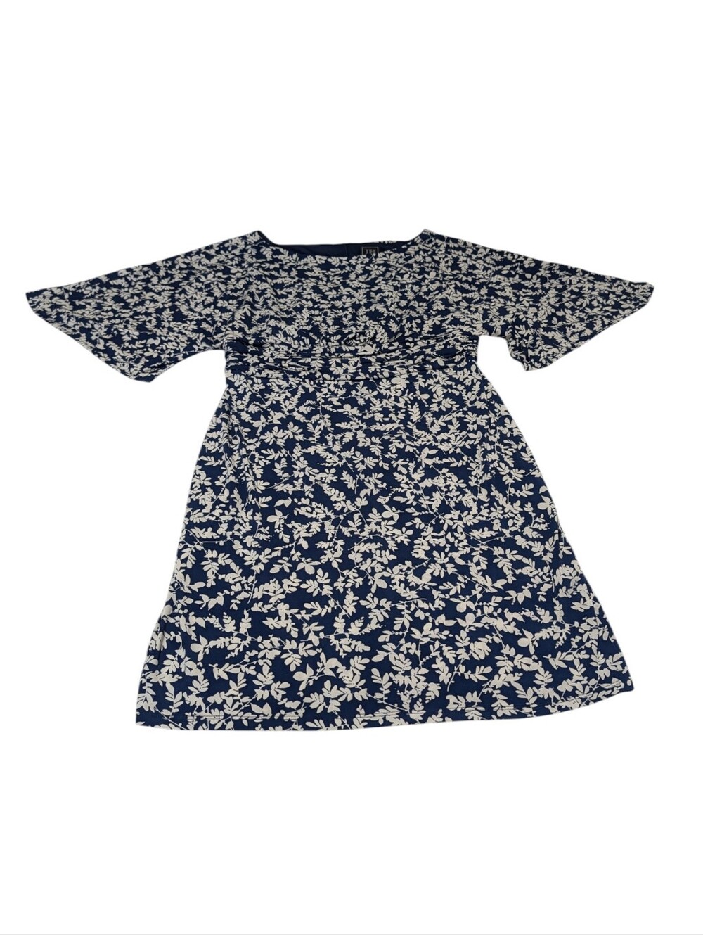 JMH Size 14 Navy White Leaf Print Midi Dress Flutter Sleeve Stretch Half Sleeve - Picture 4 of 9